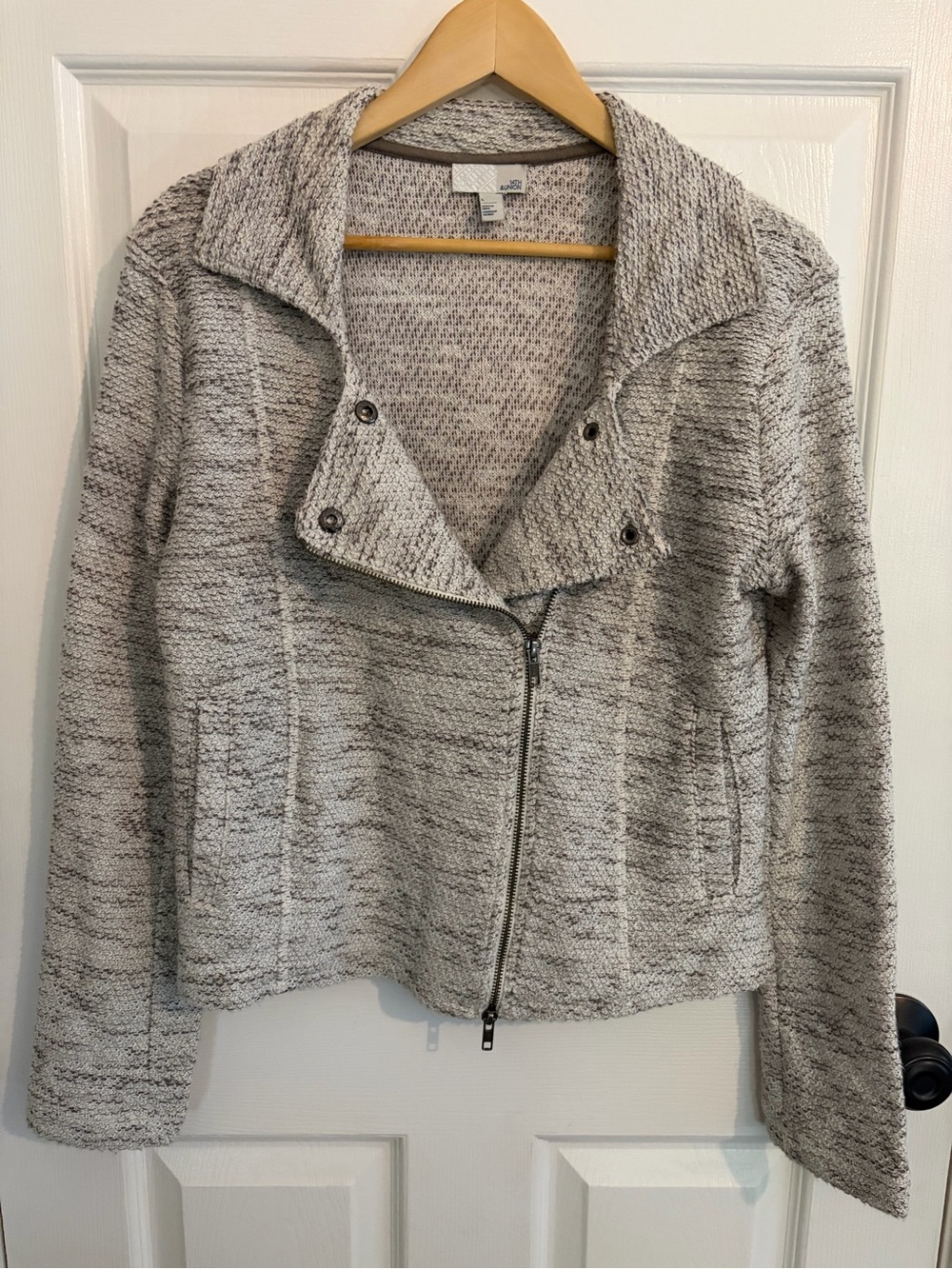 14th & Union Women's Textured Knit Moto Jacket - Black, White & Gray - Size L